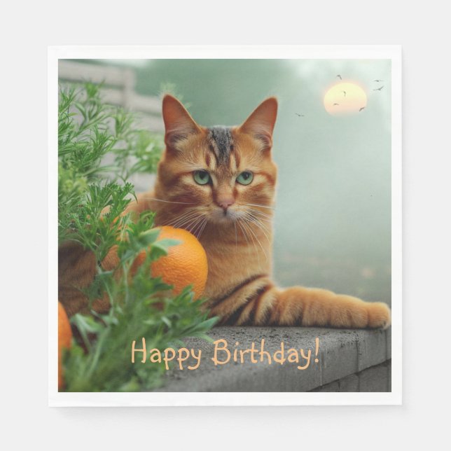Happy Birthday Orange Tabby Cat Napkin (Front)