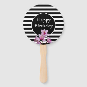Happy Birthday Orchid Stripes with Age Hand Fan