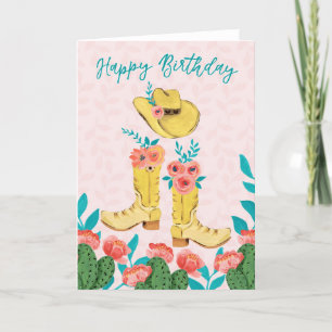 Happy Birthday Painterly Gouache Cowgirl Boots Hat Thank You Card