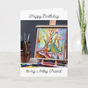 Happy Birthday   Painting on Easel of Trees Card
