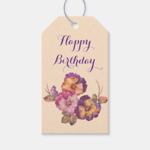 Happy Birthday Pansy Bouquet Gift Tag — Watercolor