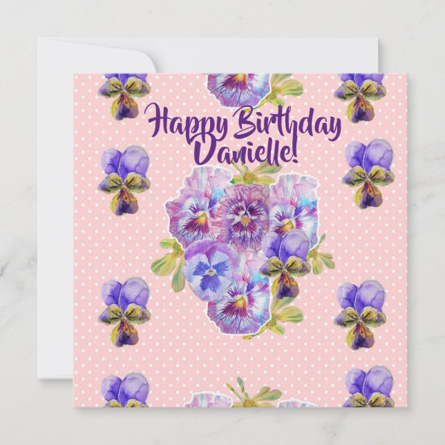 Happy Birthday Pansy floral Womans Name Card (Front)