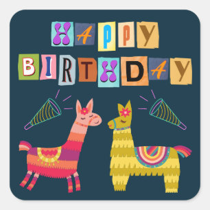 Happy birthday Paper Letters Retro Llama Square Sticker