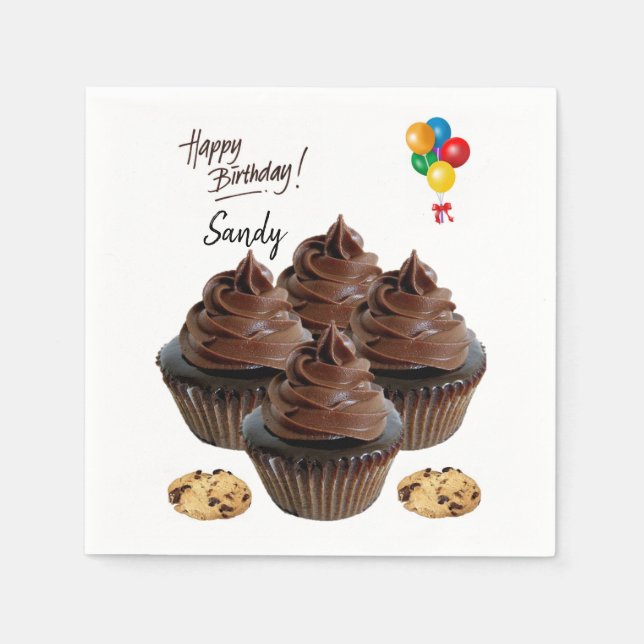Happy Birthday Paper Napkins, Chocolate Cupcake Napkin (Front)