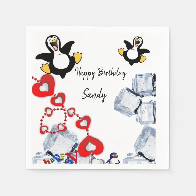 Happy Birthday Paper Napkins, Penguin Napkin (Front)