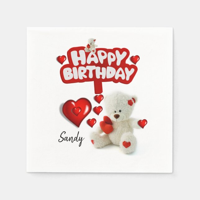 Happy Birthday Paper Napkins, White Teddy Bear Napkin (Front)