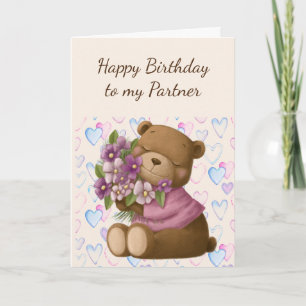 Happy Birthday Partner Love Bear Flowers Card