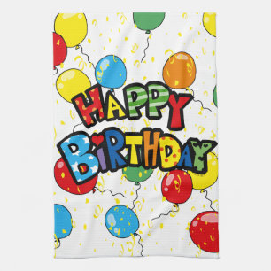 happy birthday party balloons tea towel