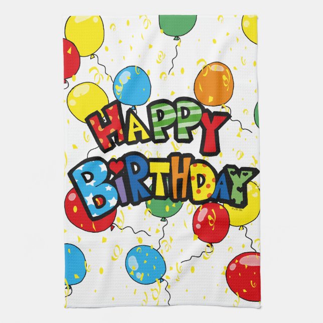 happy birthday party balloons tea towel (Vertical)