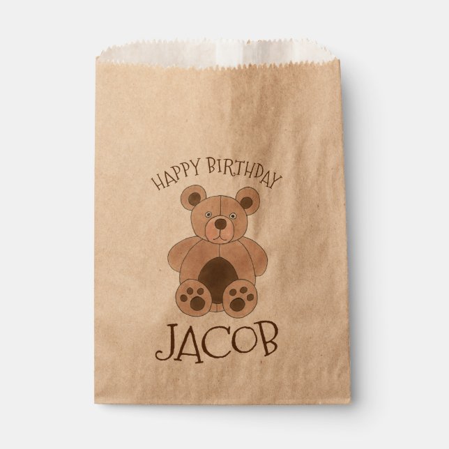 Happy Birthday Party Brown Teddy Bear Kid Baby Favour Bag (Front)