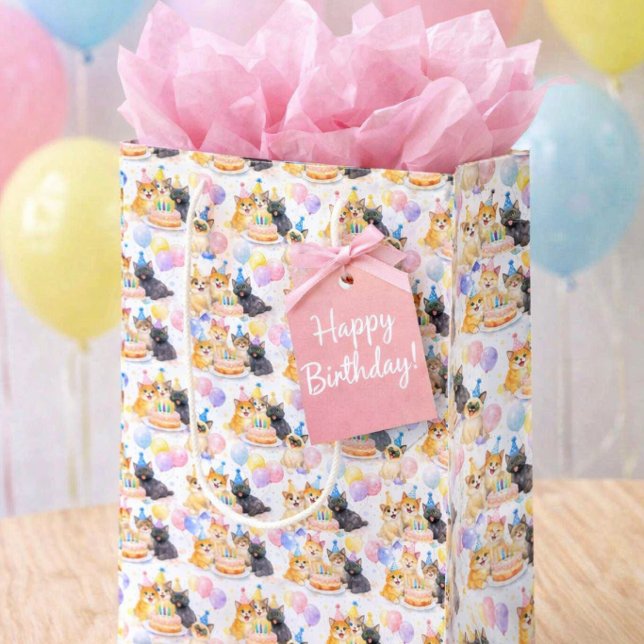 Happy Birthday Party Cat Pattern with Balloons  Medium Gift Bag (Creator Uploaded)