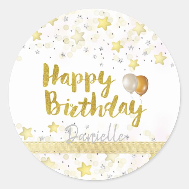 Happy Birthday Party Custom Gold Classic Round Sticker (Front)