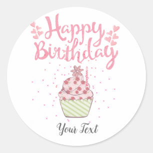 Happy Birthday Party Custom Pink Cupcake Classic R Classic Round Sticker