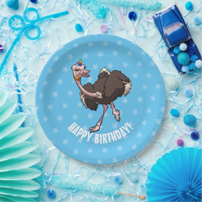 Happy Birthday Party Dancing Cartoon Ostrich Paper Plate (Party)