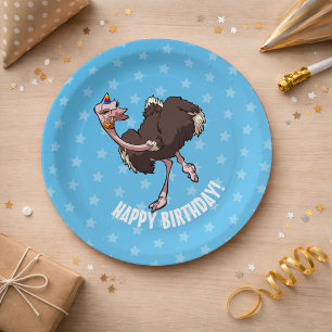 Happy Birthday Party Dancing Cartoon Ostrich Paper Plate
