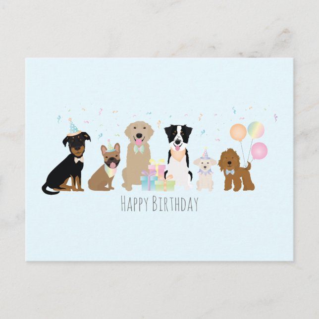 Happy Birthday Party Dogs Blue Postcard (Front)
