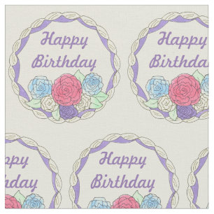 Happy Birthday Party Frosted Cake Icing Pink Roses Fabric