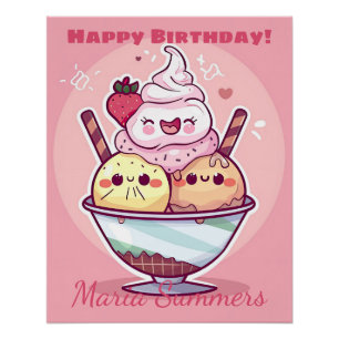 Happy Birthday Party Ice-cream Kawaii Cartoon Poster