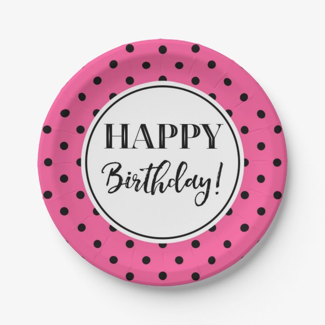 Happy Birthday Party Pink White Black Dots Paper Plate (Front)