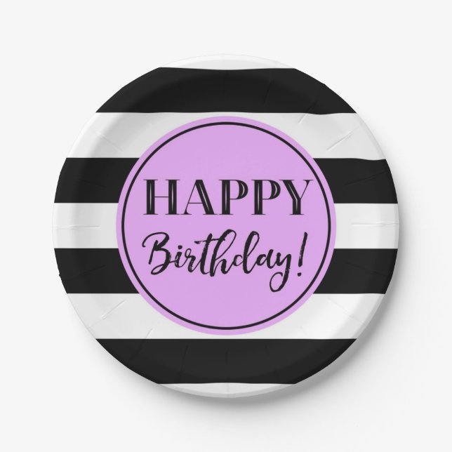 Happy Birthday Party Purple Black White Stripes Pa Paper Plate (Front)