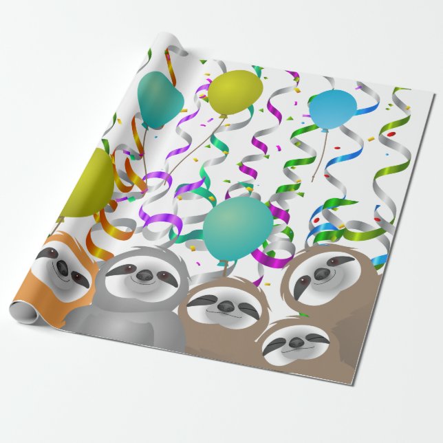 Happy Birthday Party Sloths Wrapping Paper (Unrolled)