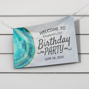 Happy Birthday Party Teal Gold Agate Geode Welcome Banner
