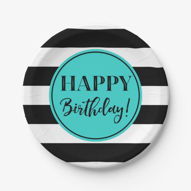 Happy Birthday Party Turquoise Black White Paper Plate (Front)