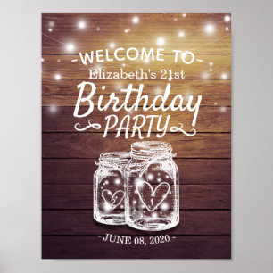 Happy Birthday Party Wood Mason Jar Lights Welcome Poster