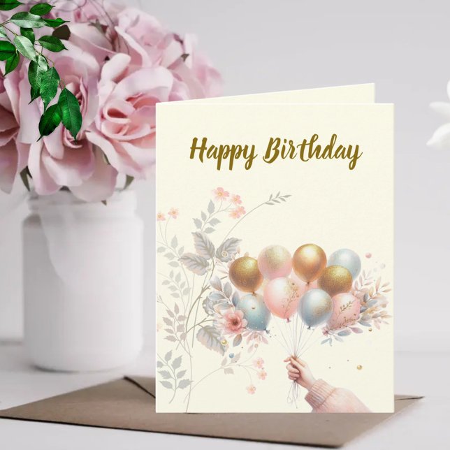 Happy Birthday - Pastel Floral-Gold Baloons Card (Creator Uploaded)