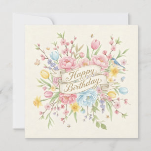 Happy Birthday Pastel Spring Flowers and Birds Card