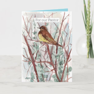 Happy Birthday Pastor Bird Trees Watercolor Card