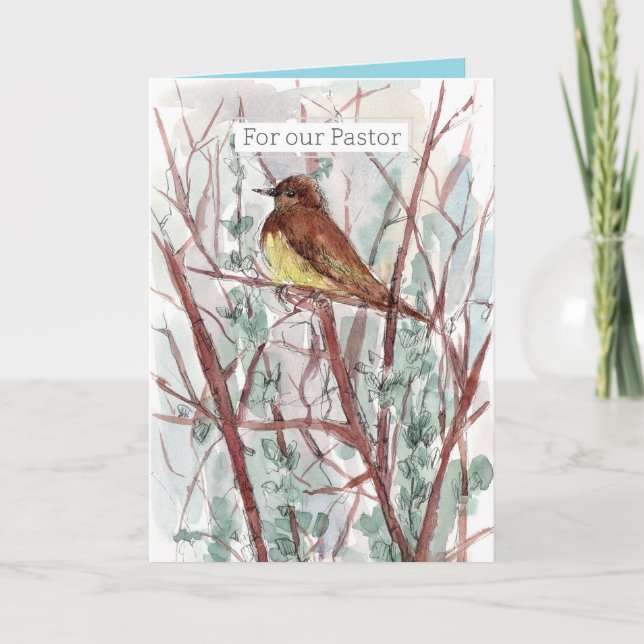 Happy Birthday Pastor Bird Trees Watercolor Card (Front)