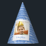 Happy Birthday Pattern Blue Party Kids Photo Cute Party Hat<br><div class="desc">Happy Birthday Pattern Blue Party Kids Photo Personalised Birthday Party Paper Hats. Pattern of white script "Happy Birthday" repeated in on a light blue background. Customise to change background to another colour. Fun photo frame design appears to be taped to hat. Name of child written on white underneath photo. Replace...</div>