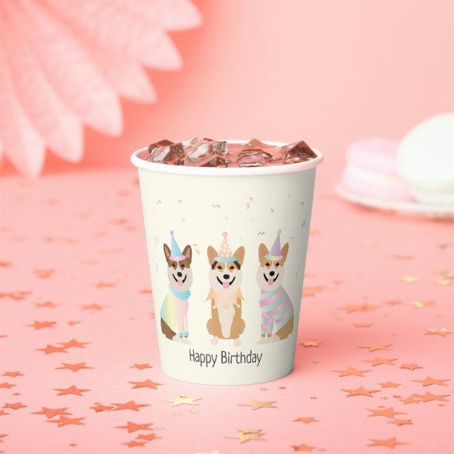Happy Birthday Pembroke Welsh Corgi Dogs Paper Cups (Insitu)