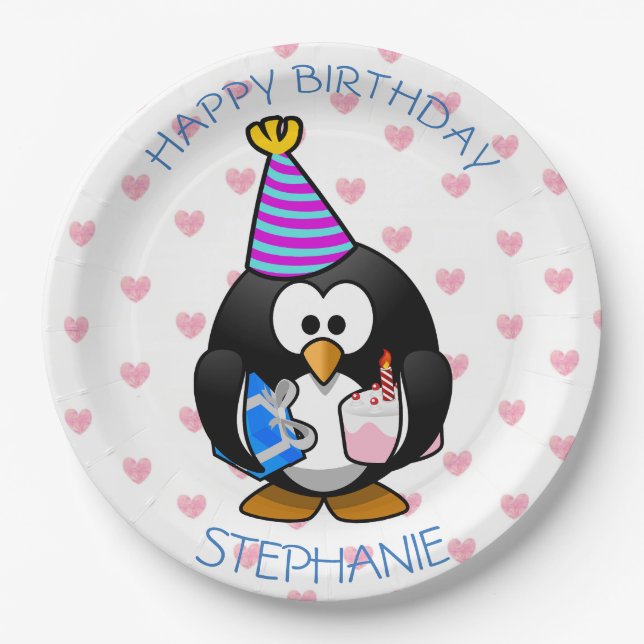 Happy Birthday Penguin Blue & pink Paper Plates (Front)