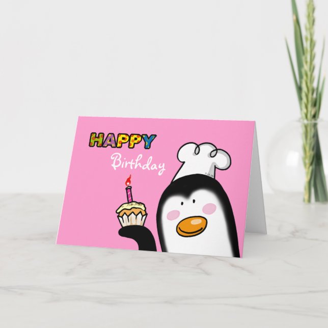 Happy Birthday penguin cupcake Card (Front)