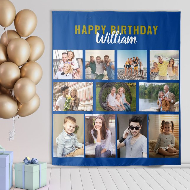 Happy Birthday Personalised 11 Photo Collage Blue Tapestry (Creator Uploaded)