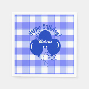 Happy Birthday Personalised Blue Balloons Checked Napkin
