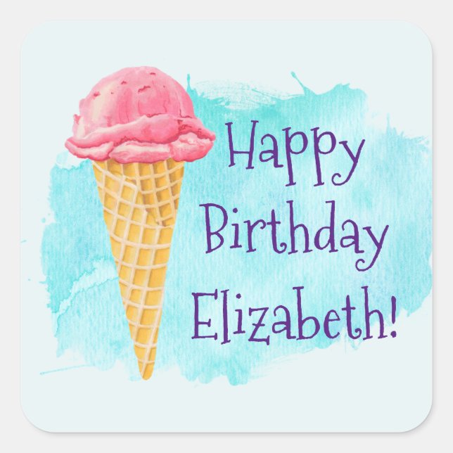 happy Birthday Personalised Ice Cream Cone Square Sticker (Front)