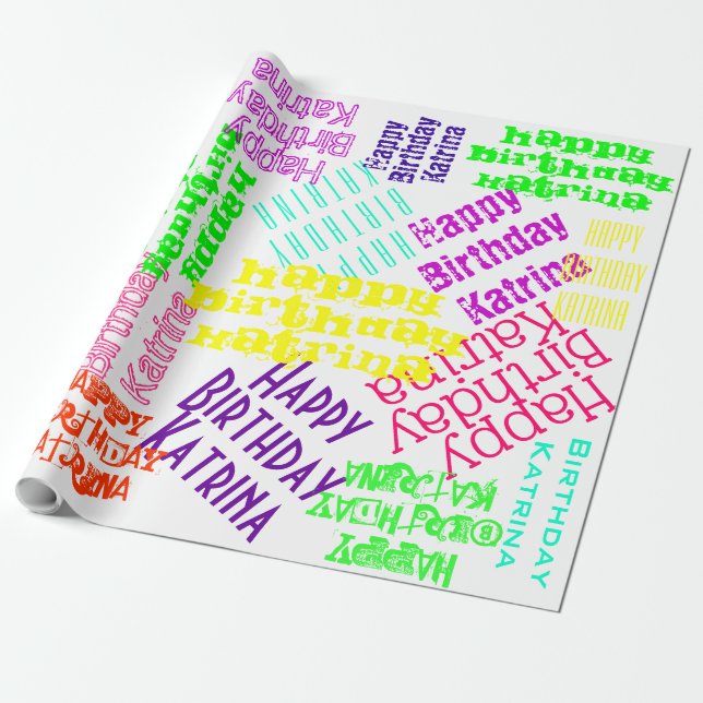 Happy Birthday Personalised Name and colours Wrapping Paper (Unrolled)
