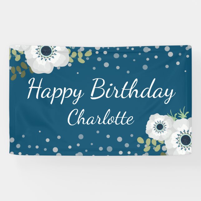 Happy Birthday Personalised Name Floral Blue Banner (Horizontal)