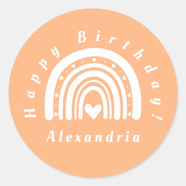 Happy Birthday Personalised Peach Rainbow Classic Round Sticker (Front)