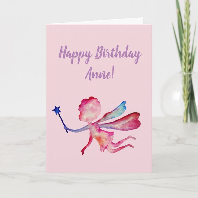 Happy Birthday Personalised pink fairy art Card (Front)