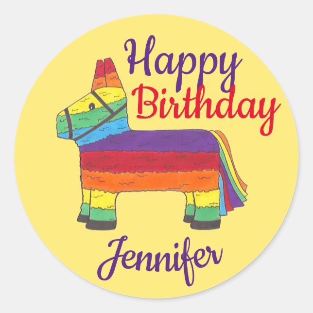 Happy Birthday Personalised Rainbow Donkey Pinata Classic Round Sticker (Front)