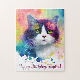 Happy Birthday Personalised Whimsical Cat Jigsaw Puzzle