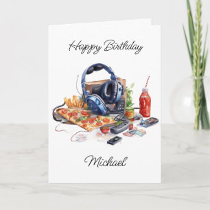 Happy Birthday Personalized Gaming and Pizza   Card