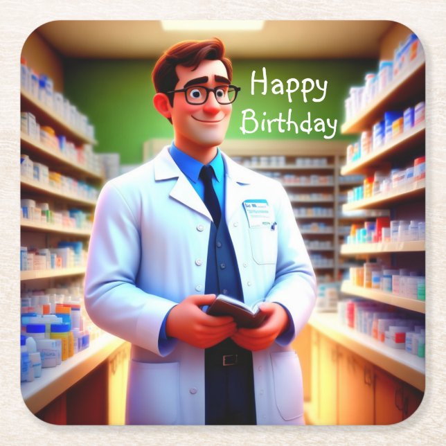 Happy Birthday Pharmacist Square Paper Coaster (Front)