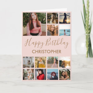 Happy Birthday Photo Collage 13 Photos Pink & Gold Card