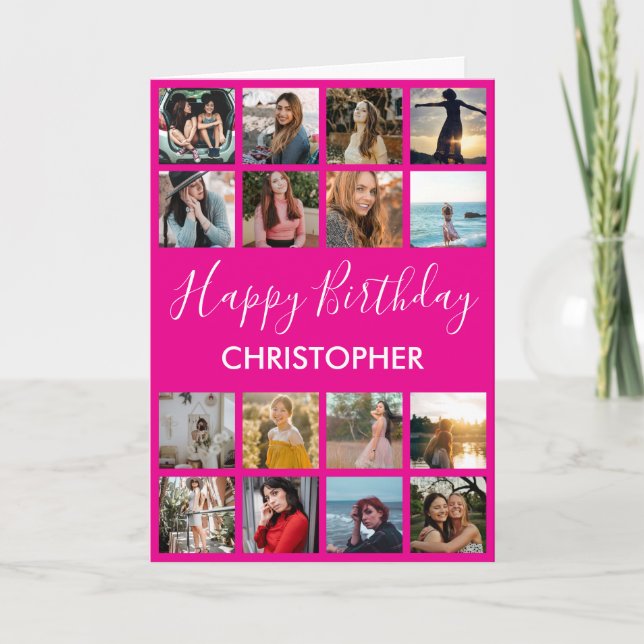 Happy Birthday Photo Collage 16 Photos Hot Pink Card (Front)