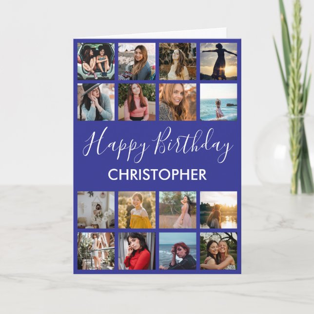 Happy Birthday Photo Collage 16 Photos Navy Blue Card (Front)